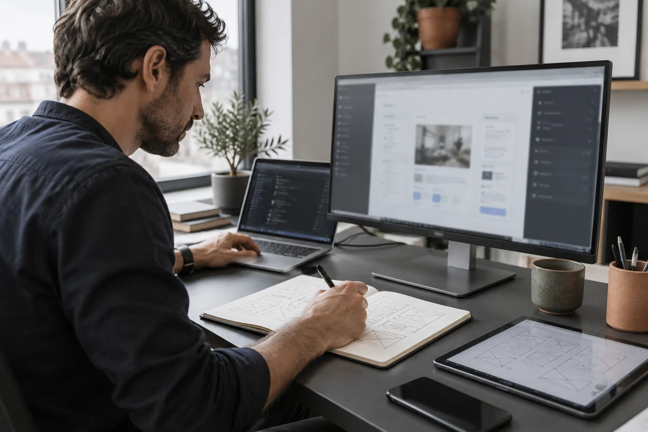 Concepteur dessinant l'interface d'un outil sur mesure à côté de son écran