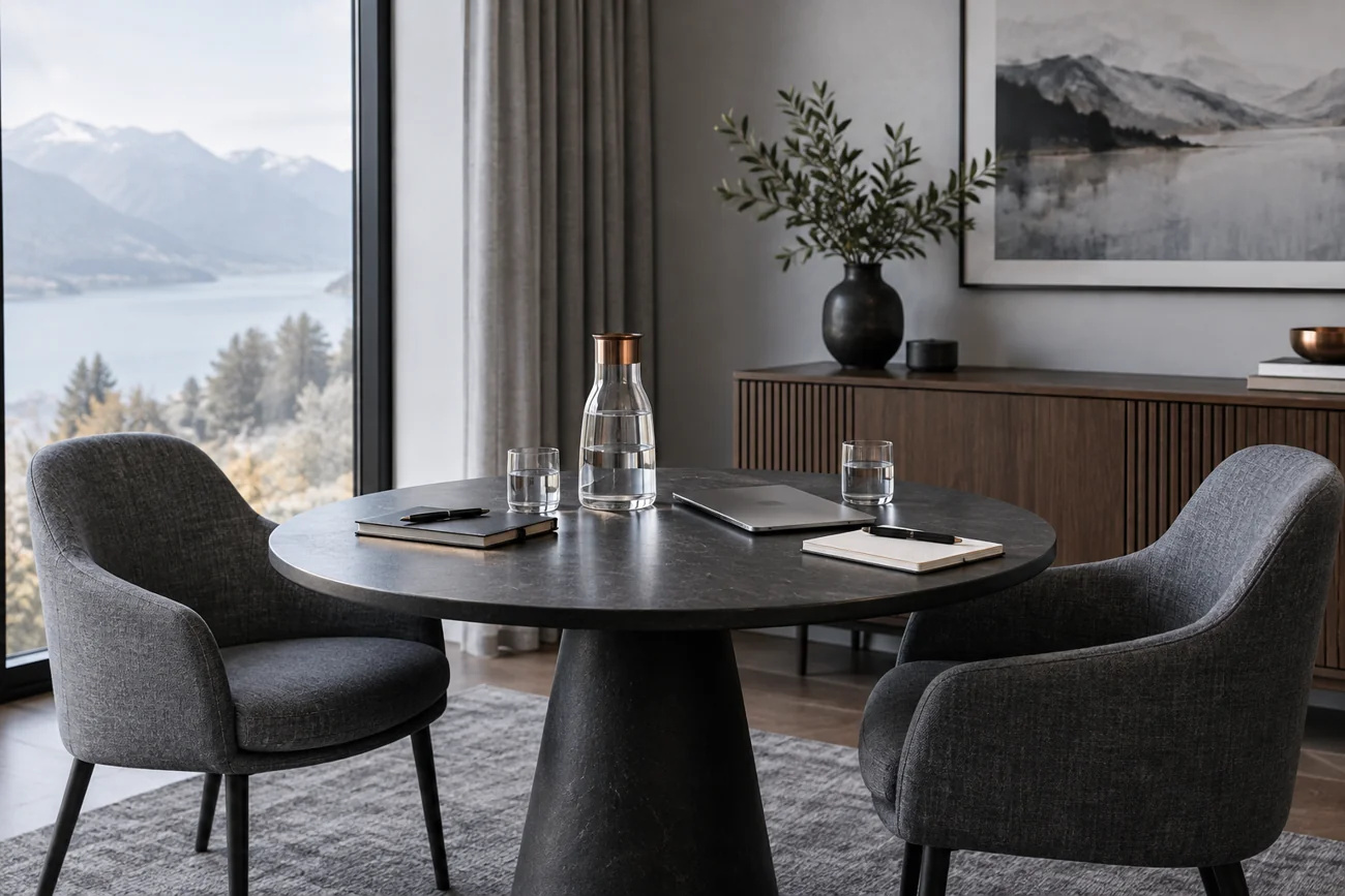 Espace de rencontre lumineux avec une table ronde et deux fauteuils
